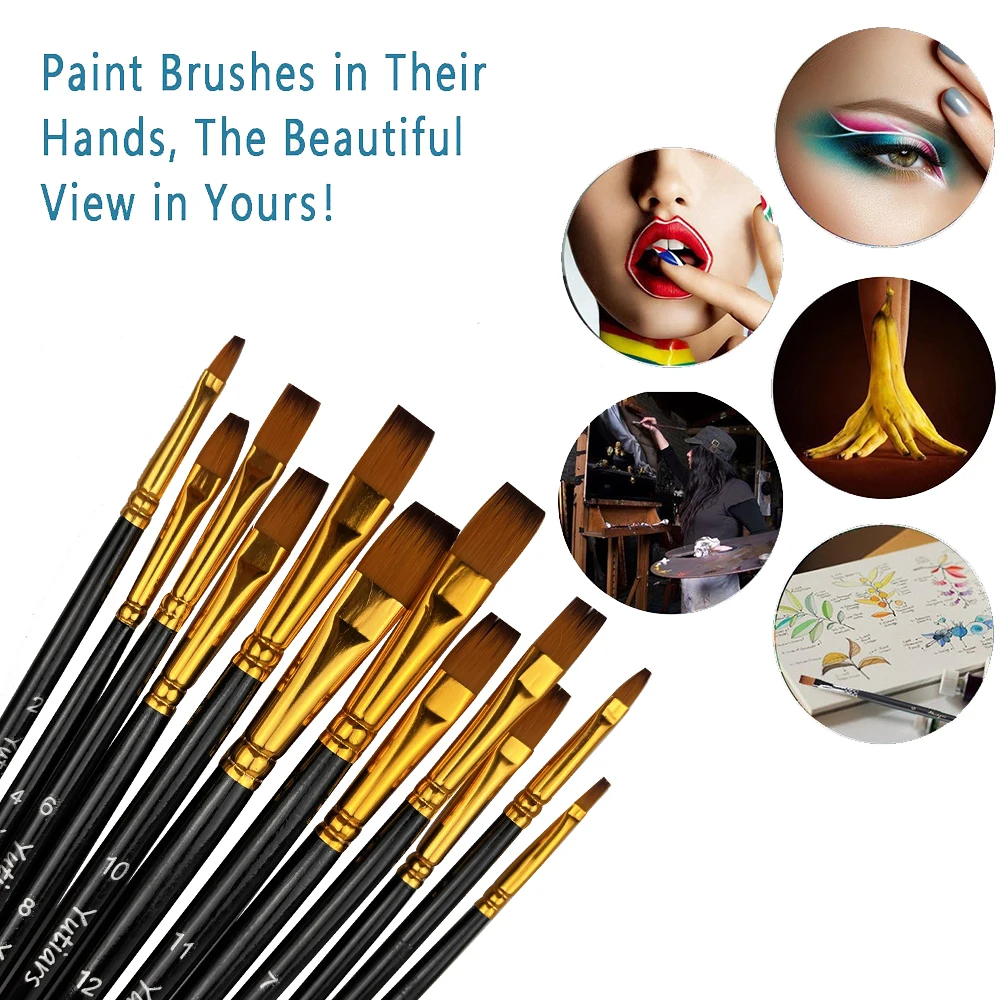 12pcs Flat Paint Brushes Set, Synthetic Nylon Bristles, Professional Artist Brushes for Oil, Acrylic, Watercolor Painting 5