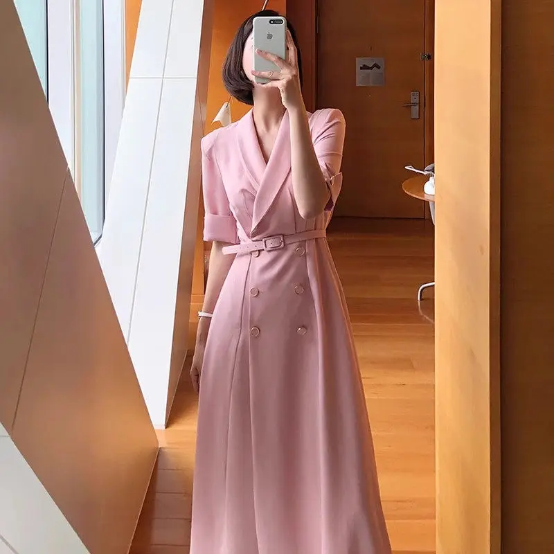 

2023 Women OL Suit Dress Korean Fashion Summer Elegant Light Mature Style Lapel Double Breasted Slim Fit Dress With Belt Z1295