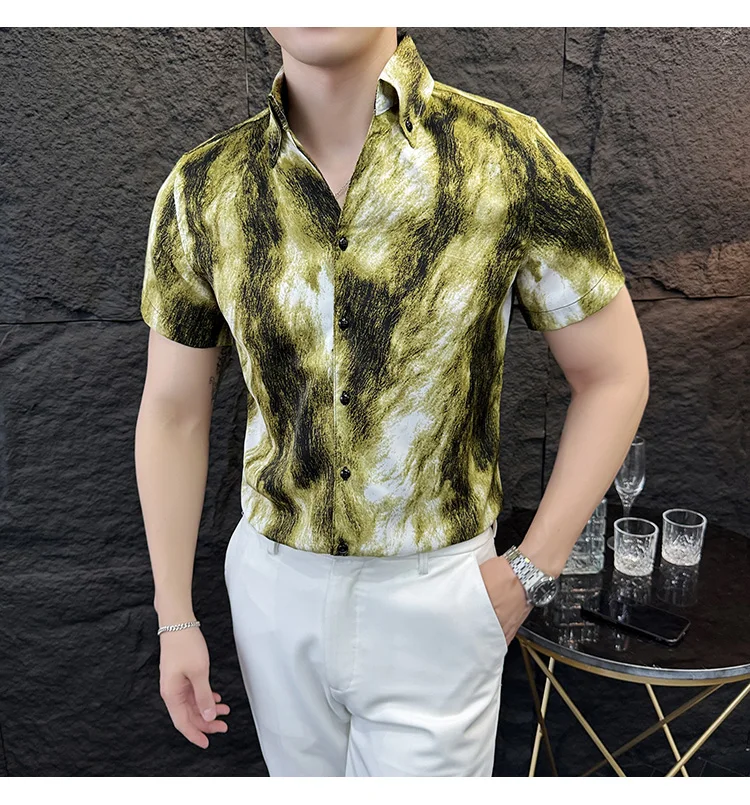 Description Picture 4 of itemSummer Mens Casual Shirts Hot Sale Stylish Print Short Sleeve Men's Social Shirt Dress Slim Fit Turn Down Collar Tuxedo Big Size