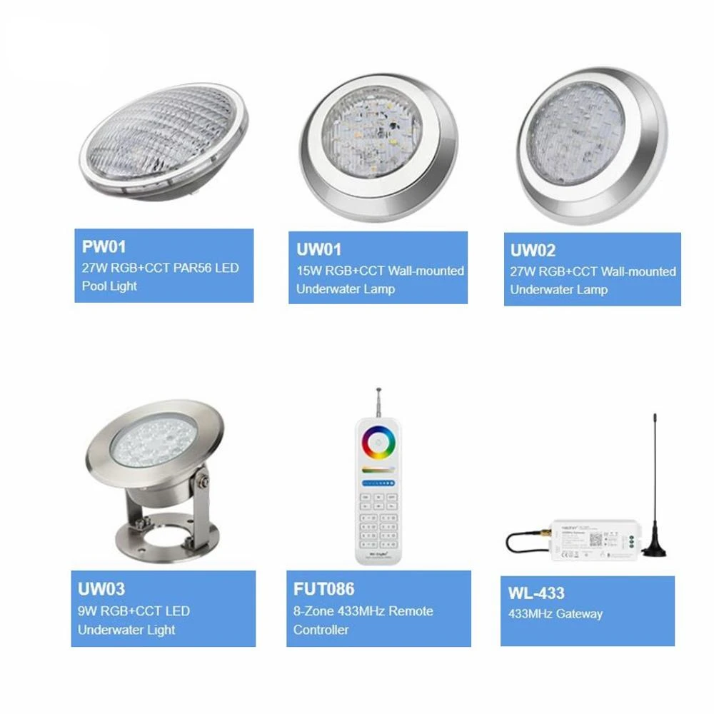 

Milight DC12-24V IP68 9W 15W 27W underwater Light RGB+CCT Underwater Lamp Wall-mounted 27W RGB+CCT PAR56 LED Pool Light 433MHz