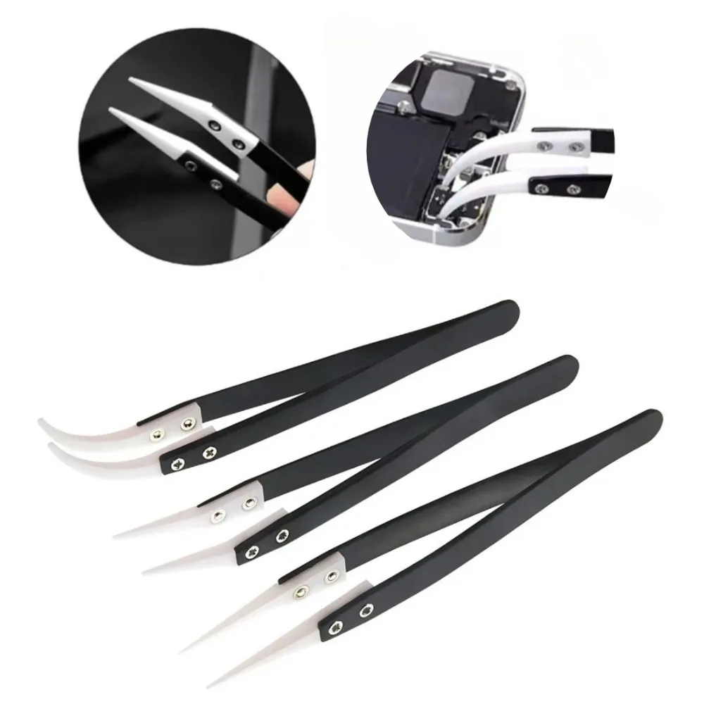 Tweezer Tool 3PCS Anti-Static Ceramic Tweezers Stainless Steel Industrial Insulated Straight/Curved Tip Black-Whit