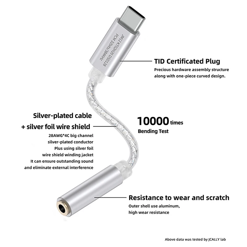 JCALLY JM12 Digital Audio Adapter Type-C to 3.5mm Hifi DAC KTO2H20 Chip 32bits 384KH DSD128 Decoder Type C to 3.5mm Earphone Amp