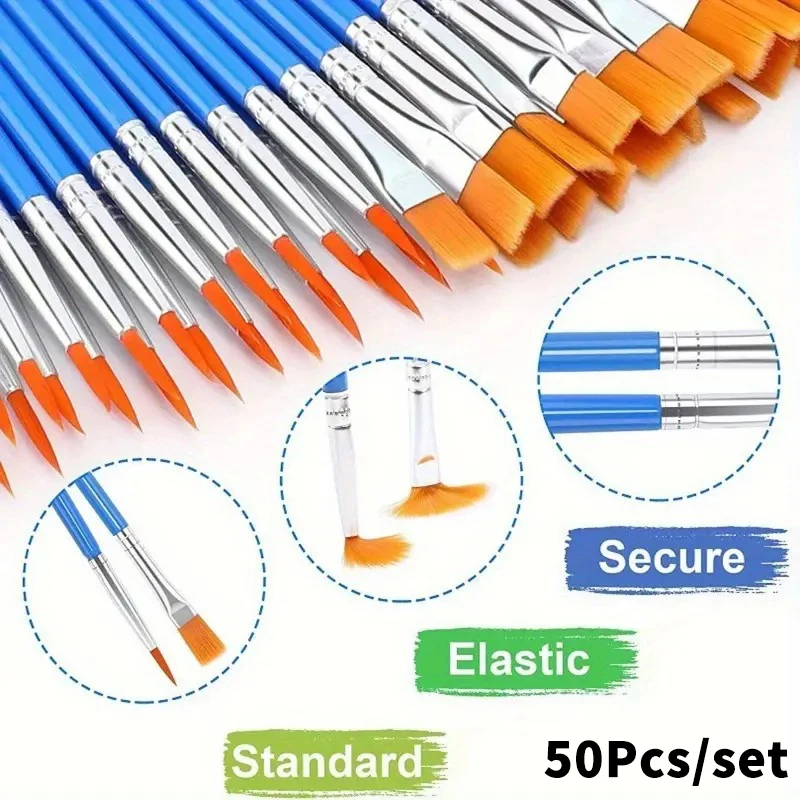 새로운 50개 브러쉬 세트, 둥근 모양의 나일론 헤어 페인트 브러쉬, 유화, 아크릴, 수채화용, 어린이/아티스트/초보자/학생용