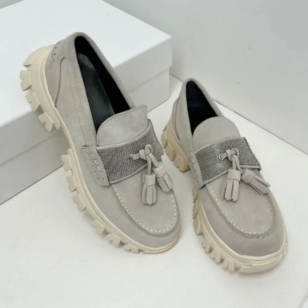 Bead Chain Women's Suede Shoes Tassels Stitching Fashion Ladies Loafers 3