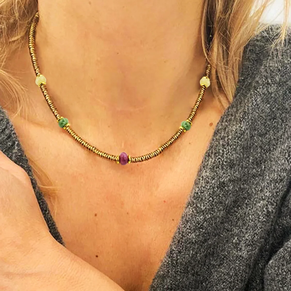 Boho Handmade Bead Stained Glass Necklace Choker for Women Stainless Steel 18K Gold Plated Bracelets Summer Daily Charm Jewelry