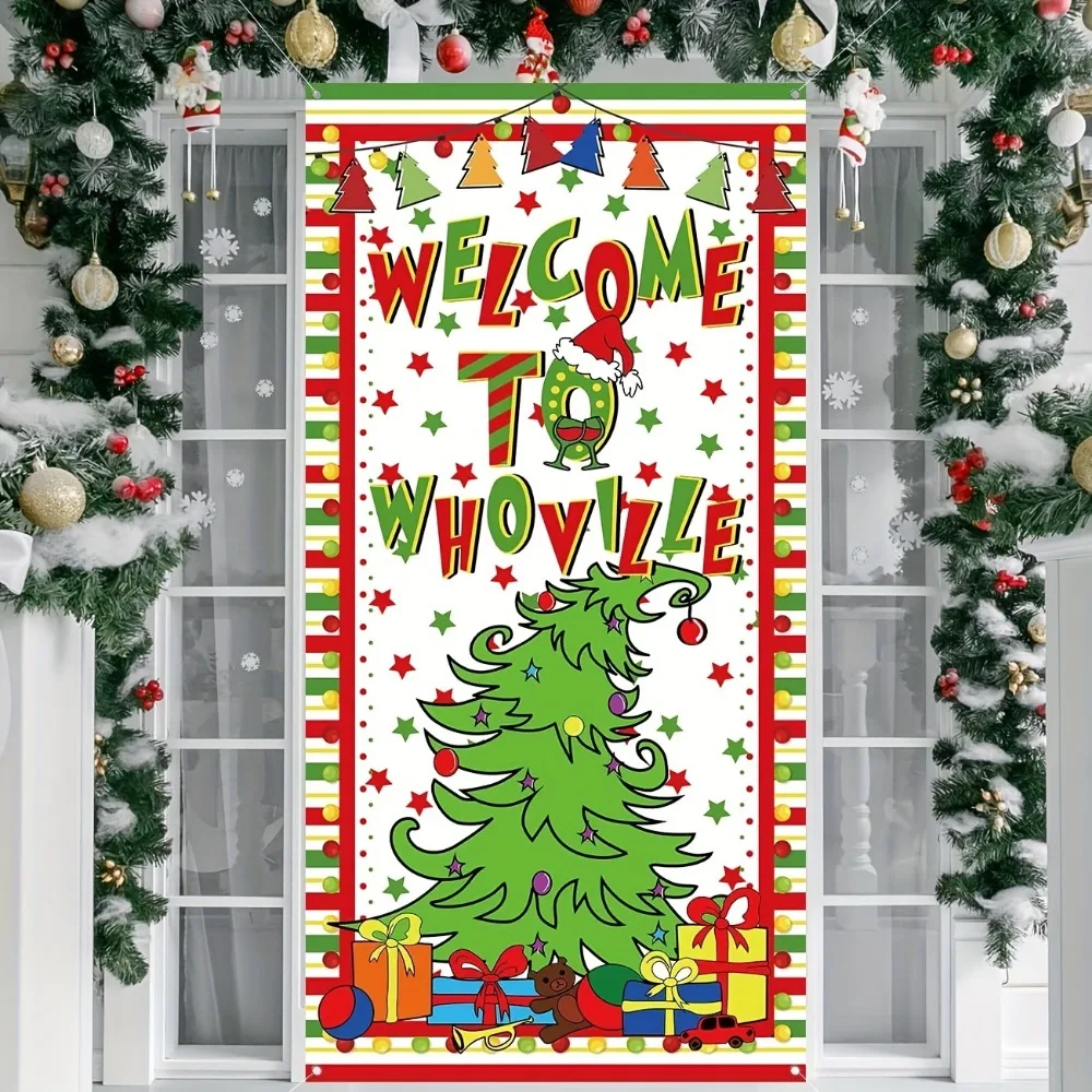 

Christmas Whoville Door Cover Decoration Hanging Cloth Holiday Party Atmosphere Door Curtain Tapestry Happy New Year Door Cover