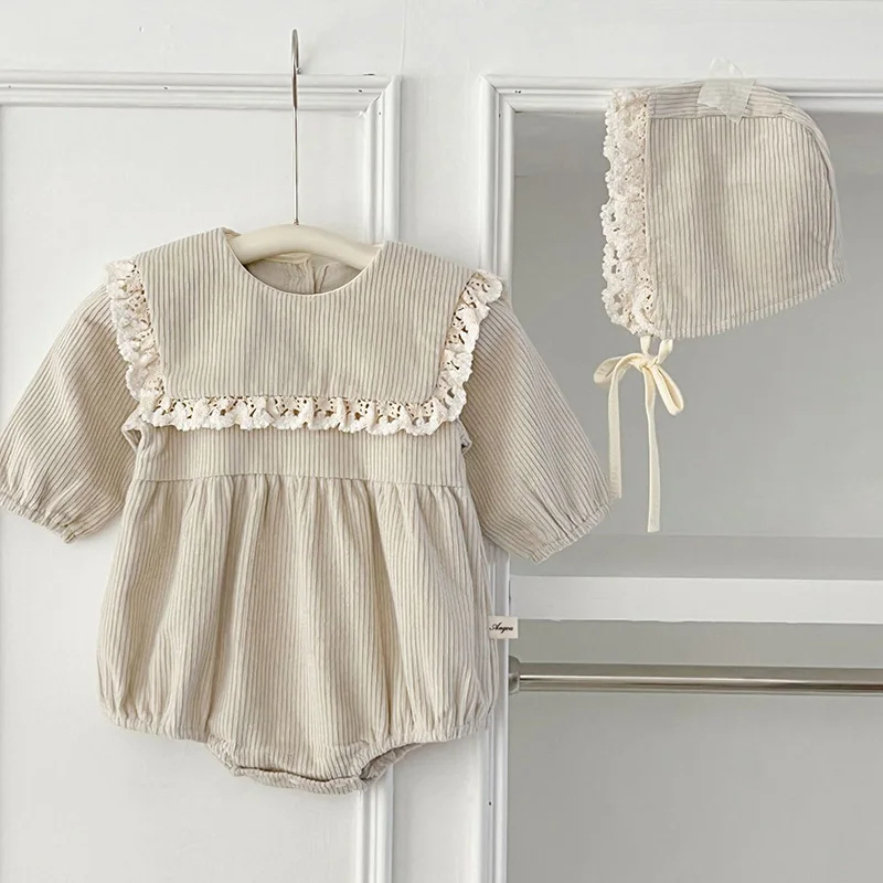 

2024 New Spring Korean Style Newborn Baby Girl Jumpsuit+Hat Long Sleeved Corduroy Lace Splicing Infant Baby Girl Bodysuits