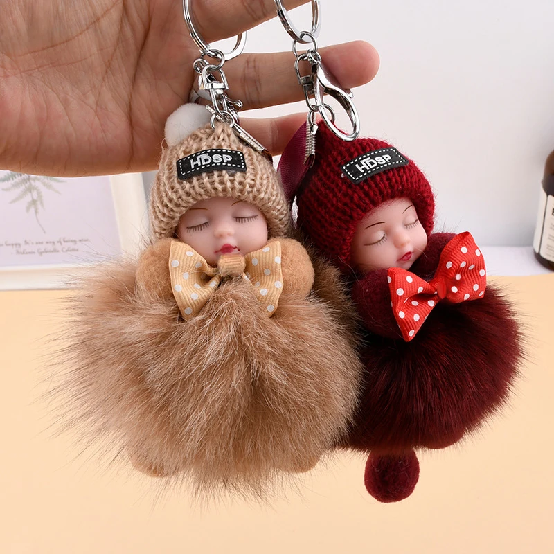 Sleeping Baby Keychain Cute Fluffy Plush Doll Keychains Women Girl