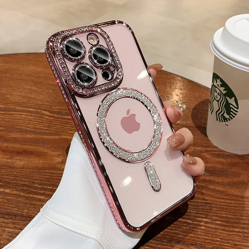 Luxury Bling Crystal Lens Film Phone Case For iPhone 15 11 12 13 14 Pro Max Plus Magsafe Magnetic Wireless Charging Clear Cover