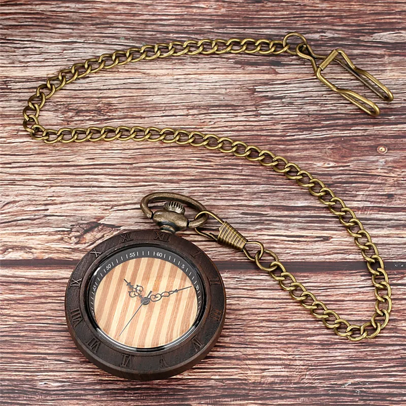 Handmade Sandalwood Pocket Watch Round Shape Carved Roman Number Case Unisex Wooden Quartz Analog Watches with Pendant Chain
