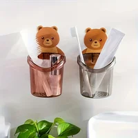 2pcs Cute Bear Pattern Wall Mounted Toothbrush Storage Rack Bathroom Multifunctional Toothbrush Container Bathroom Accessories 3
