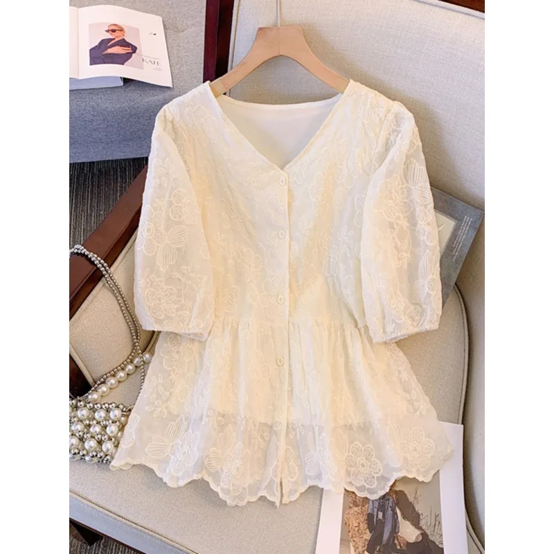 

Women's Polo Collar Summer New Sweet Elegant Solid Color Patchwork Lace Hollow Out Short Sleeve Cardigan Button Loose Shirt Tops