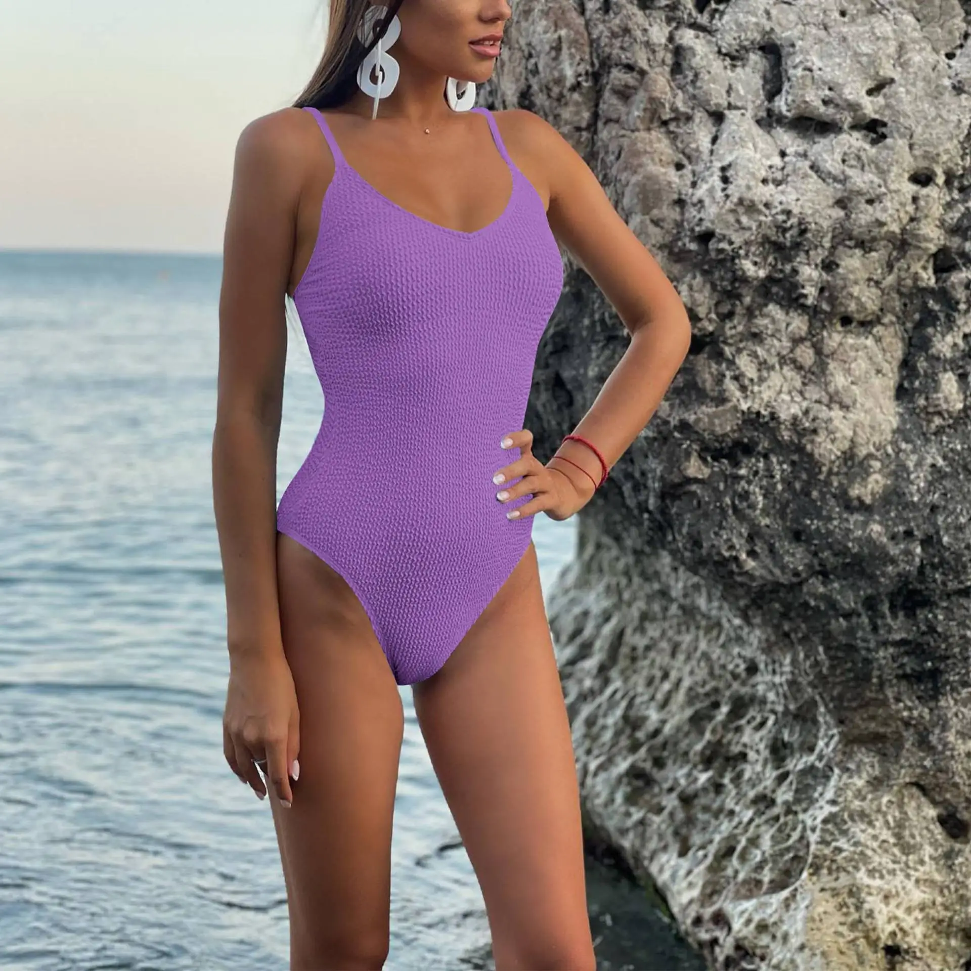 

2023 Summer Swimsuit Woman Whole One Piece Sexy Swimwear Beach Outfits For Female Solid Pool Bathing Suit Wave Stripe Fabric