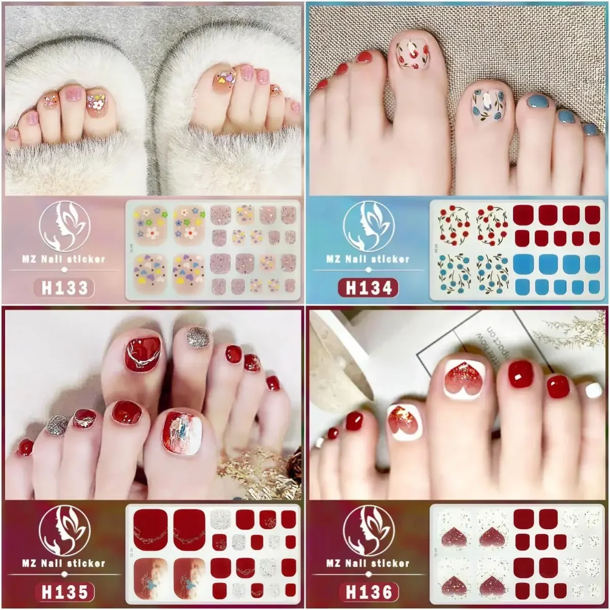 

22Tips/Sheet Toe Nail StickersFashion Foot Nail Wraps Nail Art Waterproof Full Cover Adhesive Foil Stickers Manicure Decals