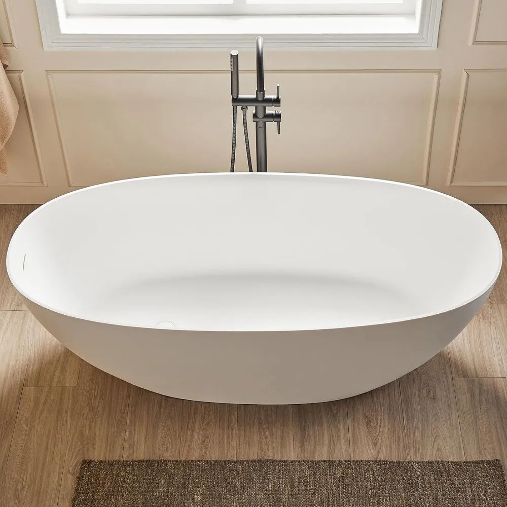 55" Stone Resin Freestanding Bathtub, Oval Contemporary Soaking Tubs, Solid Surface Stand Alone Tub
