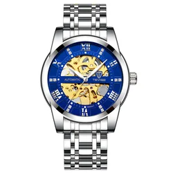 Luxury Automatic Men's Watch with Black Gold Skeleton Design and Diamond Dial (QC - 2 - 004)