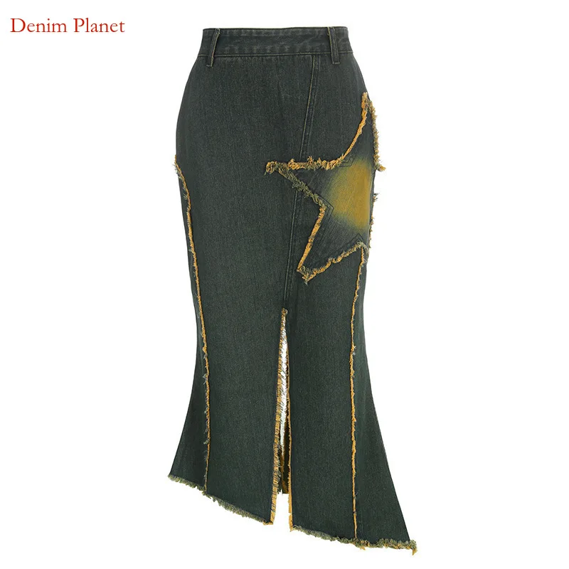 

Denim Planet Personalized Star Pattern Patchwork Split Denim For Autumn New Color Contrast Irregular Wrap Hip Skirt
