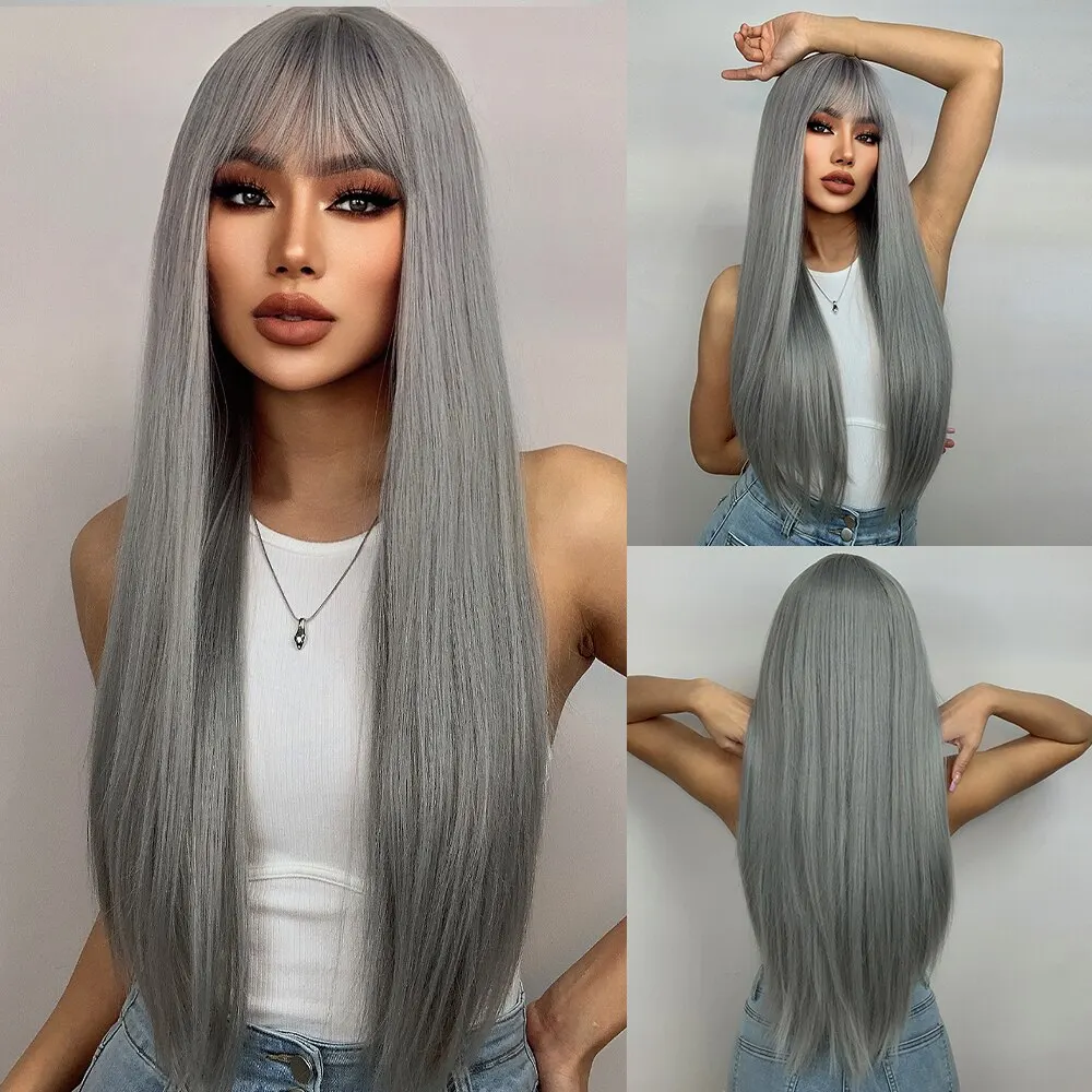HAIRCUBELongGreyStraightWigWithBangsHeatResistantSynthetic