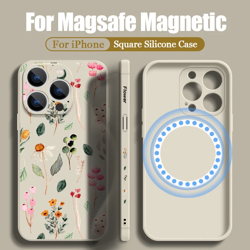 Capa de Celular Colorida com Flores para iPhone Air Pro Max 11 17e 16e Magnética para Carregamento Sem Fio MagSafe Capa Macia