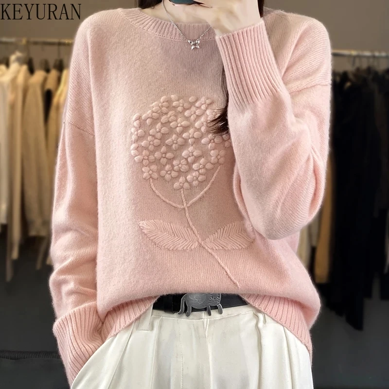 

Женский вязаный свитер с круглым вырезом, длинным рукавом и цветочной вышивкой