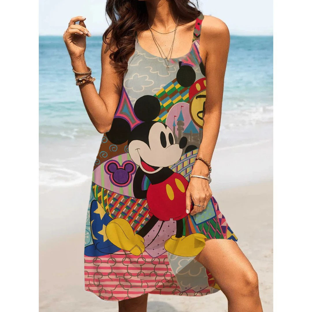 

Women's Beach Dresses Disney-Mickey Minnie Dresses for Women 2024 Summer Fashion Sling Print Sexy Skinny Seaside Casual Oversize