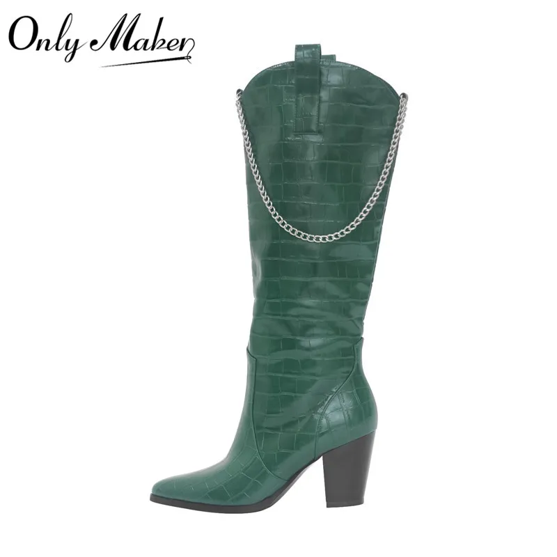Onlymaker Vrouwen Wees Teen Groene Knie Hoge Laarzen Western Cowboy Laarzen Brede Kuit Blok Hak