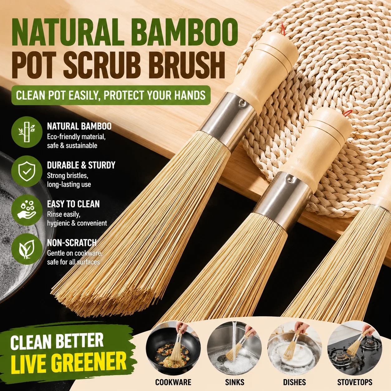 Eco-Friendly Bamboo Pot Brush with Solid Wood Handle