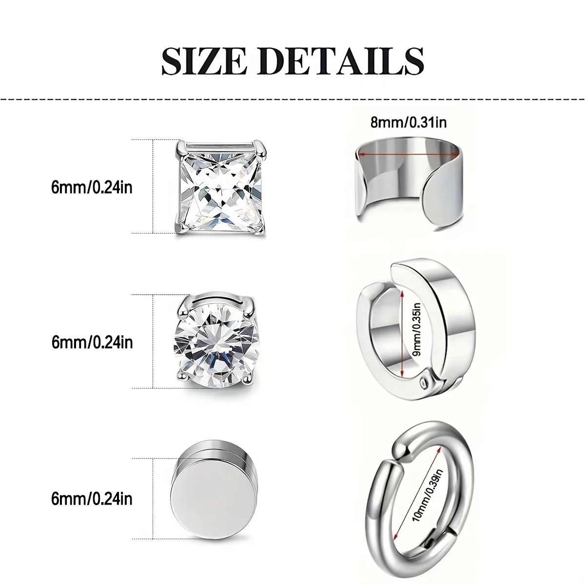 2pcs Unisex Fashion Stainless Steel Magnetic Cubic Zirconia Ear Clips Non-piercing Adjustable Clip-on for Men Women