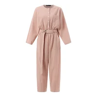Summer 2023 Trendy Women's Casual Print Belted Workwear Jumpsuit High Waist Straight Leg Cotton Blend Multi-ket Overalls - Image 5