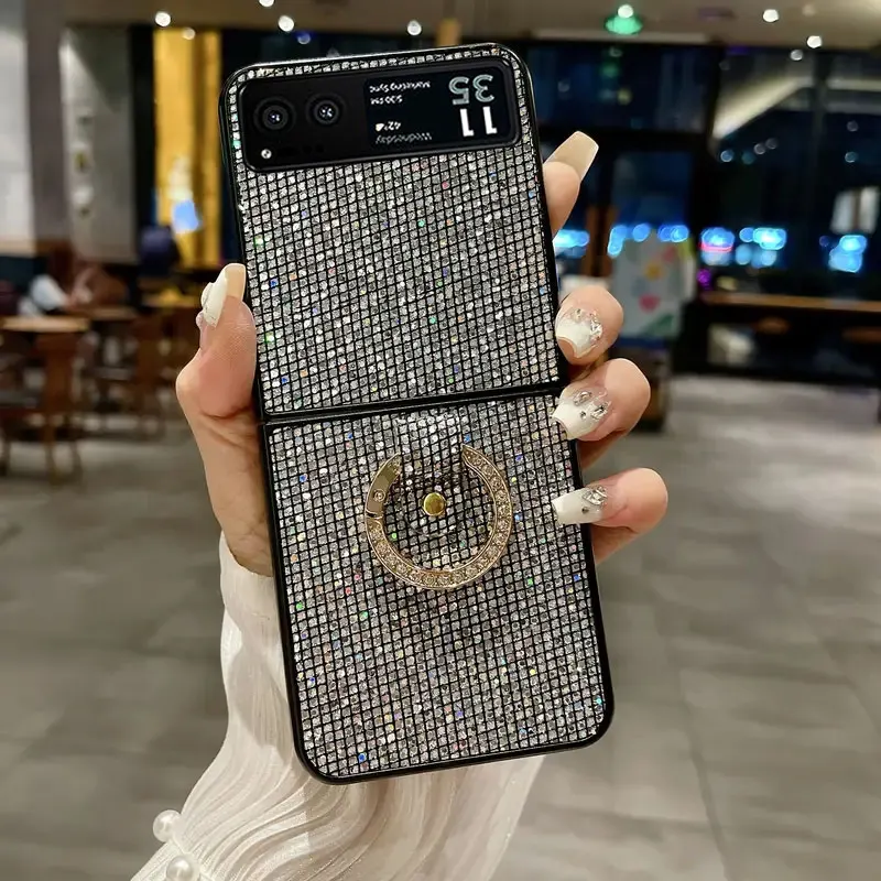 Luxury Bling Lattice Pattern Rhinestone Ring Grip Phone Case - Fashion Glitter Shell