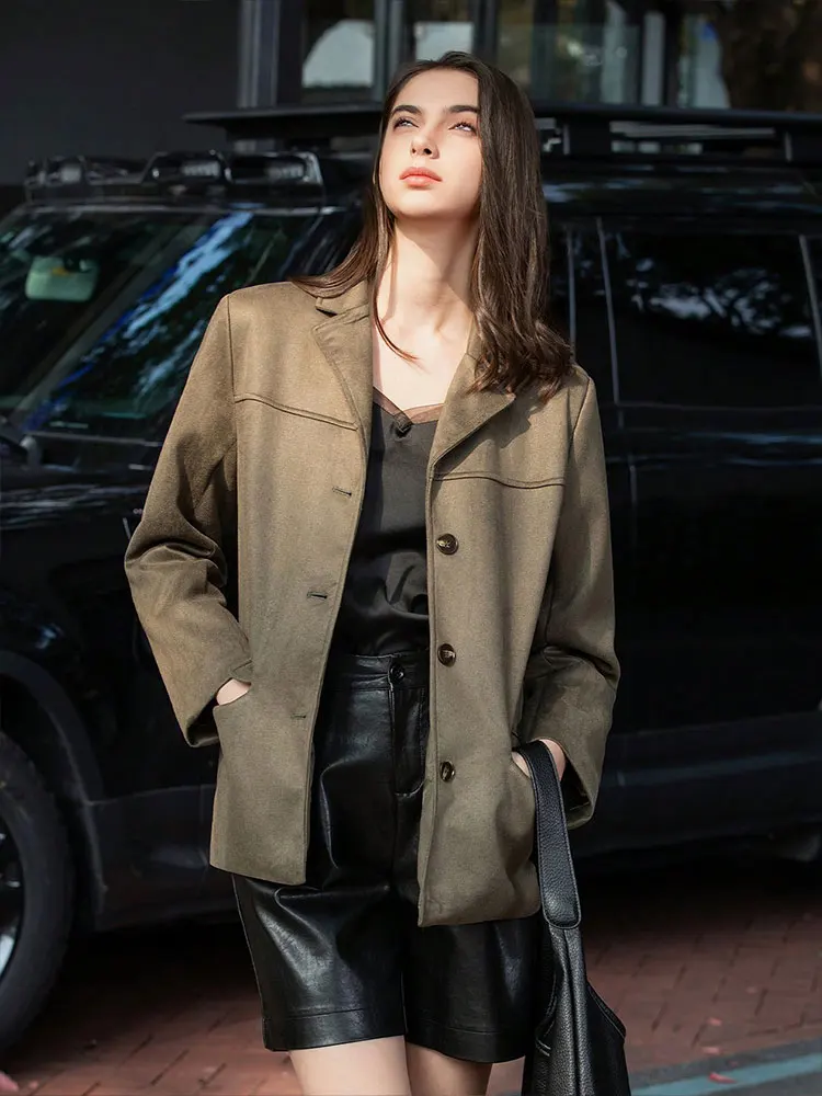 HH Women Vintage Solid Suede Blazer Coat Single Breasted Long Sleeve Lapel Jacket With Pockets Casual Office Lady Outerwear