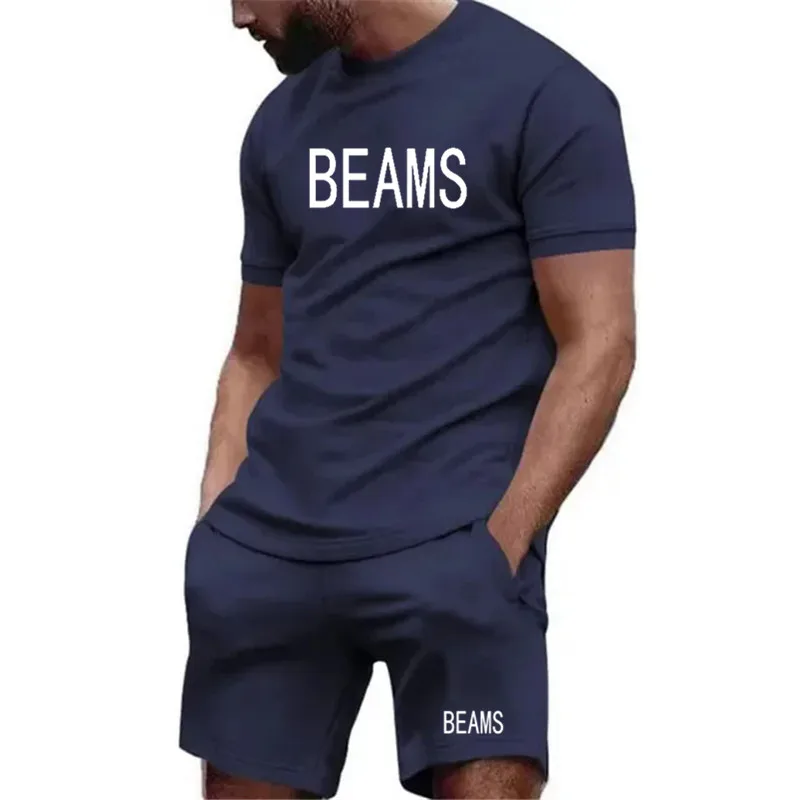 패션 브랜드 BEAMS 남자 티셔츠 + 반바지 2 조각 세트 Tracksuit 남성 캐주얼 여름 짧은 소매 면화 통기성 남성 의류