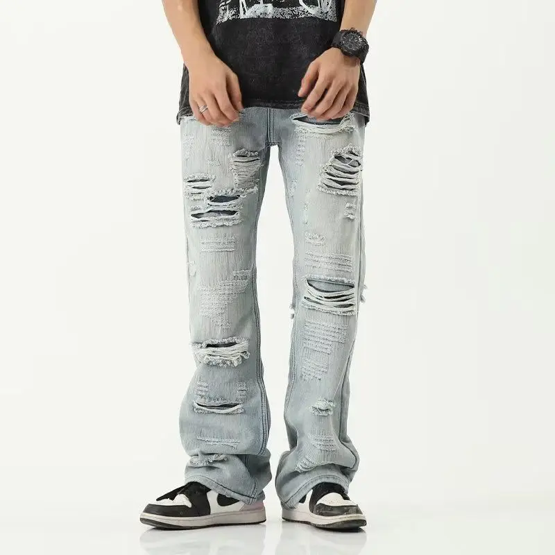 

American retro washed distressed micro flared jeans men's and women's loose high street pants jeans for men ripped jeans