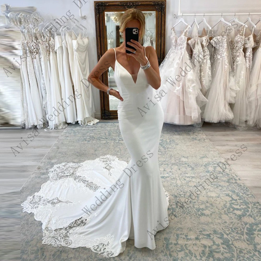 

Sexy Mermaid Deep V-Neck Sleeveless Crepe Wedding Dress 2024 Spaghetti Straps Backless Lace Bridal Gown vestidos de novia