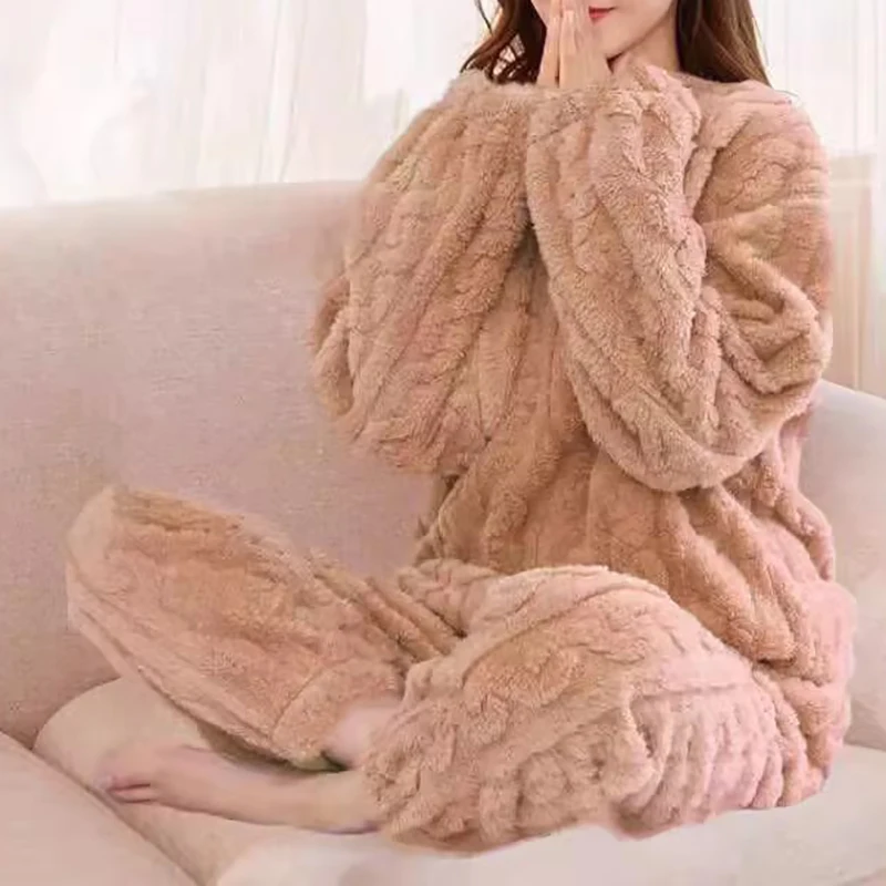 Women's Pajamas Set Winter Sleepwear O-neck Loose Long Sleeve Top Elastic Waist Leg Pant Sets Trousers Plus Size Matching Sets 5
