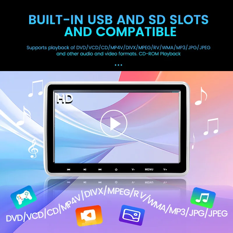 지지대 게임용 자동차 헤드레스트 모니터, USB SD HDMI 헤드폰 FM CD VCD MP5 DVD 태블릿 비디오 플레이어, 1024*600 HD 터치 단추, 10.1 인치