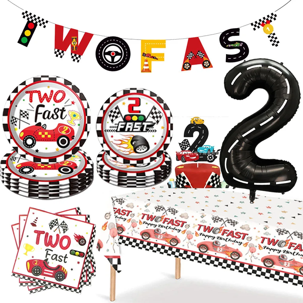Two Fast Birthday Decorations Race Car 2nd Birthday Tableware Race Car Plates Napkins Tablecloth for 2nd Birthday Party Supplies