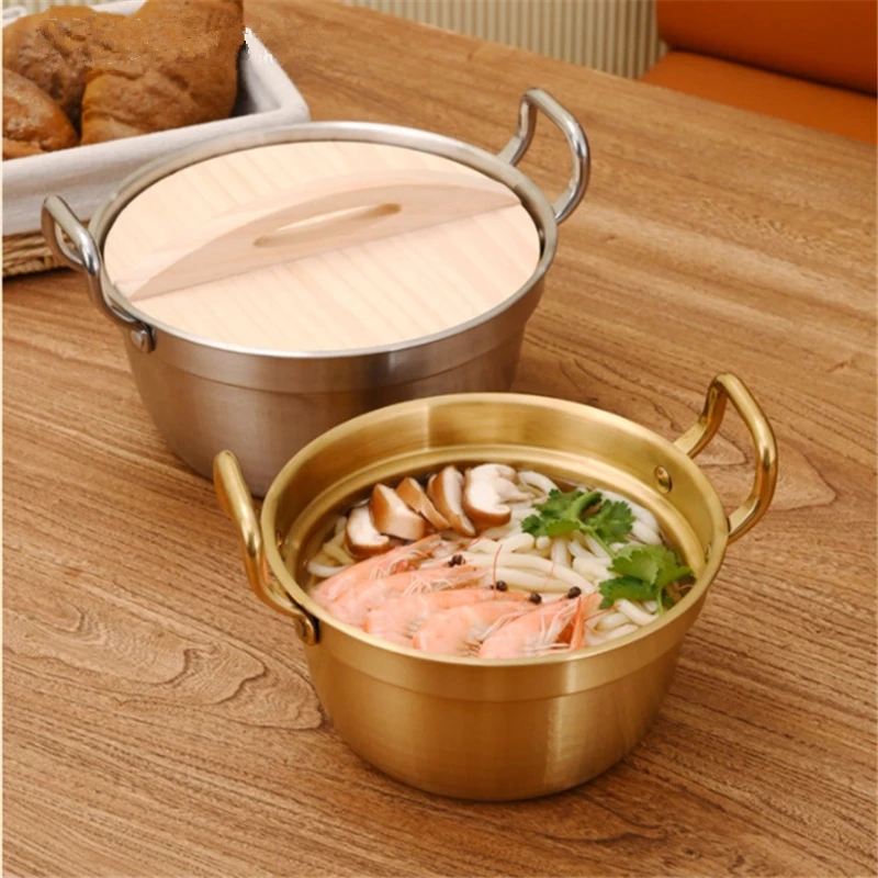 Korean 304 Stainless Steel Instant Noodle Pot with Wood Lid Stew Pots for Ramen Soup Hot Pot Gas Induction Cooker Kitchenware