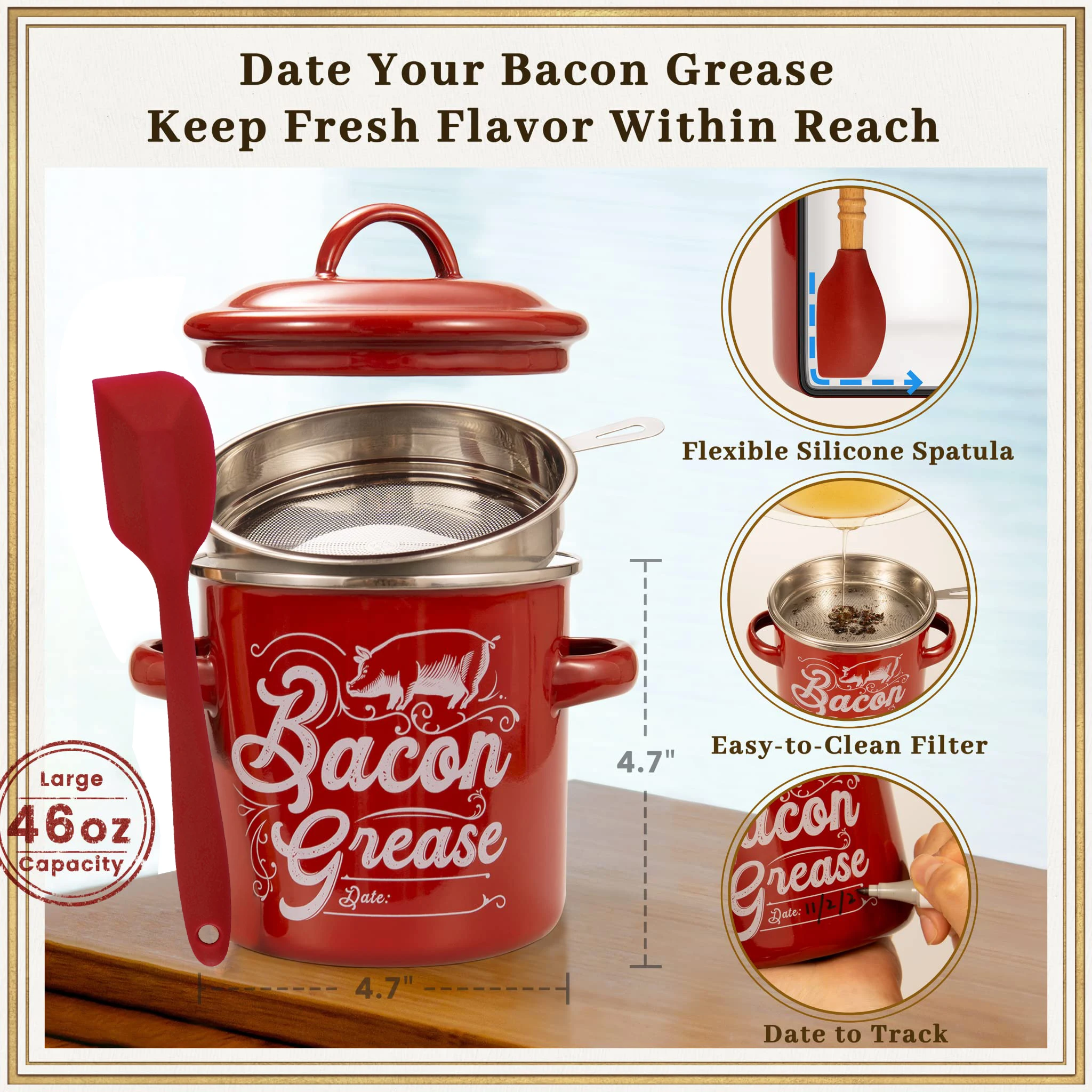 Bacon Grease Container With Strainer And Silicone Spatula 40oz Enamel Cooking Oil Storage Can For Storing Fats Dishwasher Safe