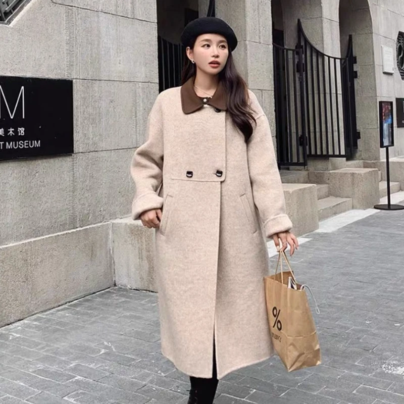 Women High Sense Reversible Cashmere Coat Winter Female Hepburn Style Loose Woolen Outwear Long Below The Knee Casual Outcoat