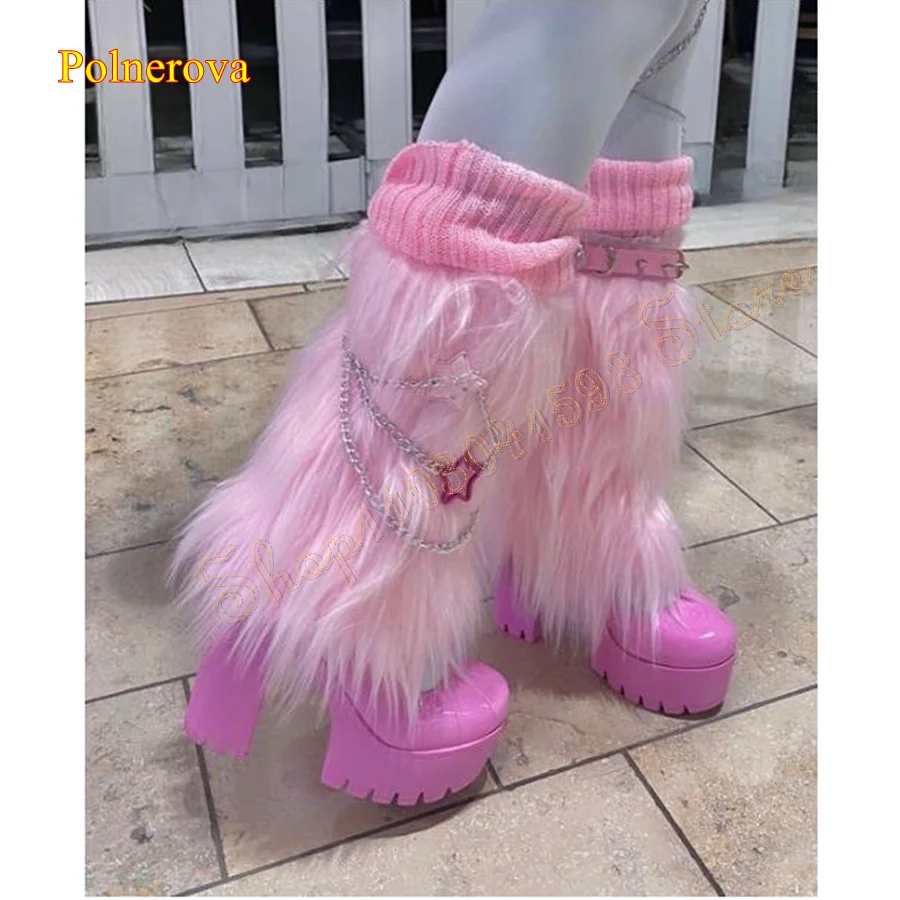 

Pink Furry Leather Mid Calf Boots,Non Slip Thick Sole Heel Boots Thick Heel Round Toe Women Boots 2024 New Zapatos Para Mujere