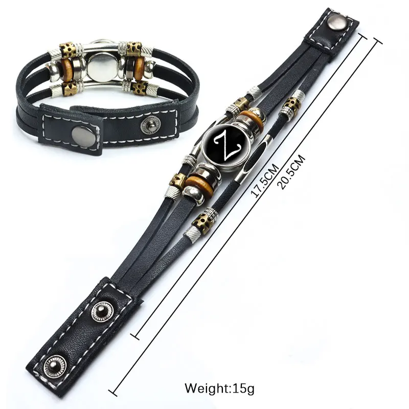 A-Z English Letters Leather Bracelet 26 Initial Letters Cabochon Glass Snap Bracelet for Men Women Couple