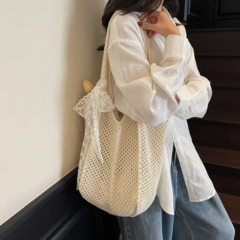 Solid Color Women Knitting Lace Bow Shoulder Bag Hollow Out Large Capacity Crochet Tote Bag Spacious Convenient Sundries Storage