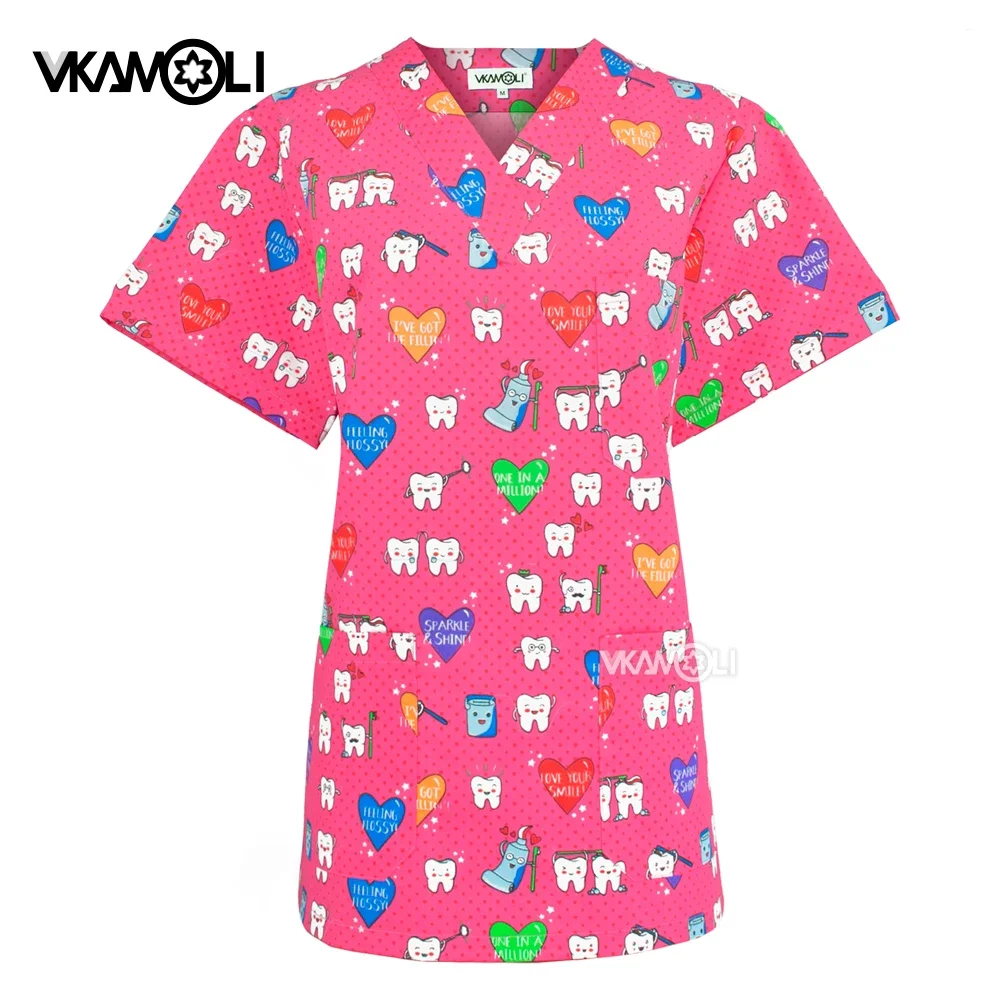 Dental Hospital Multi-Pocket Nursing Scrubs Tops Cute Cartoon Tshirt Short Sleeve V-Neck Tops dentist Working Uniform