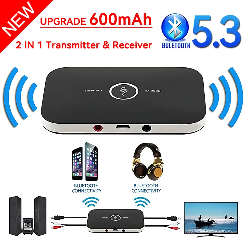 2 In 1 Bluetooth 5.3 Audio Transmitter Receiver RCA 3.5mm AUX Music Wireless Adapter 600mAh Battery For Car Computer TV Heaeds