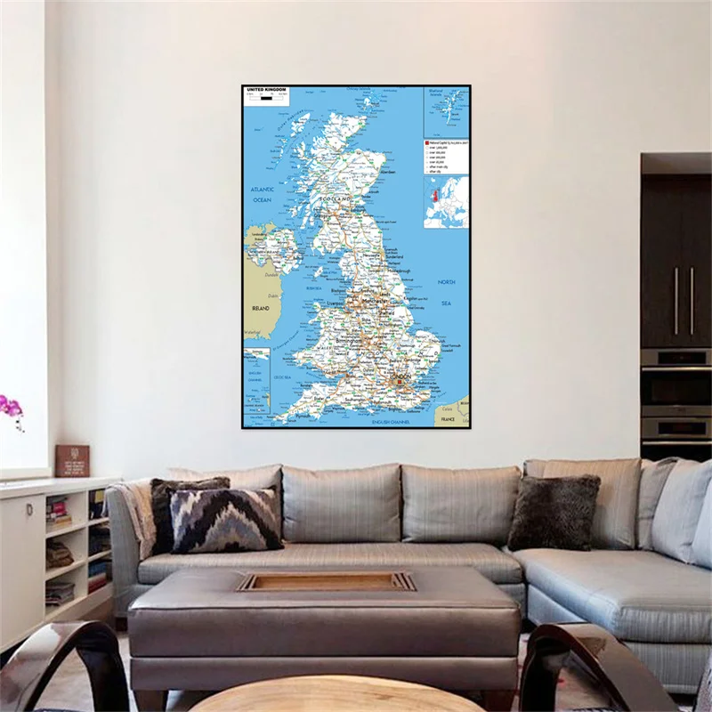 United Kingdom Map In English Administrative / Geographic / Road Map Wall Art Poster Painting School Supplies