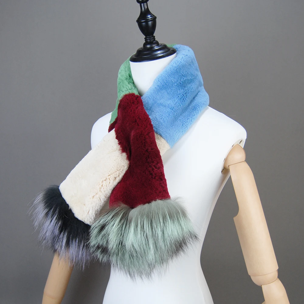 Winter Women Genuine Knitted Fox Fur Scarf Real Rex Rabbit Fur Collar Warm Neck Natural colorful Rex Rabbit Scarves