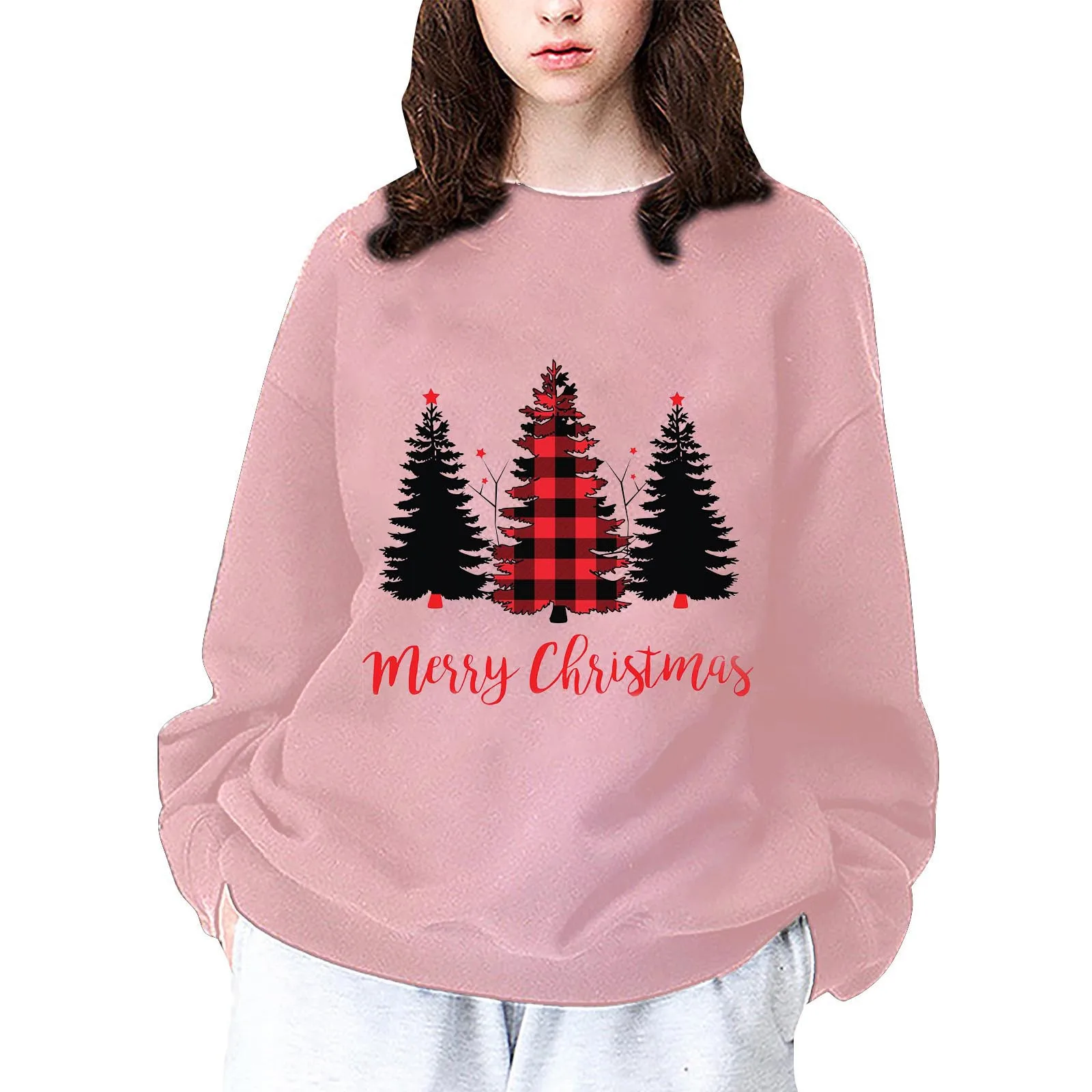 

Women's Casual Vintage Star And Christmas Tree Print Off Shoulder Long Sleeve Christmas Sweater Hoodies with Dogs