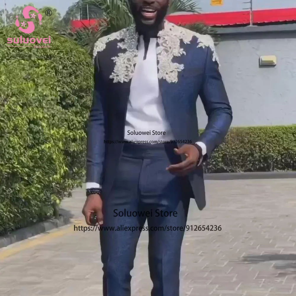 Fashion Embroidery Suits For Men Slim Fit 2 Piece Jacket Pants Sets Formal Groom Wedding Prom Tuxedos Costume Homme Pour Mariage