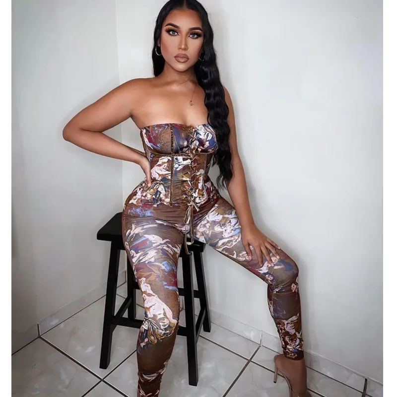 Fashion Print Off Shoulder Women Jumpsuits Sexy Lace Up Workout Active Wear Fashion Overalls One Piece Bodycon Rompers Clubwear